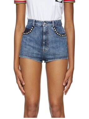 Miu Miu Stud-Trim High-Waist Blue Denim Shorts
